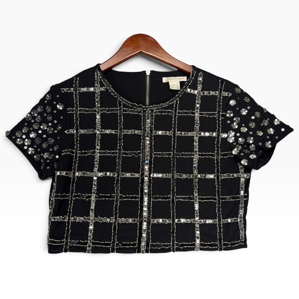 Glamorous Black Sequin Beaded Crop Top Womens S Silver Embellished Party Zip Y2K